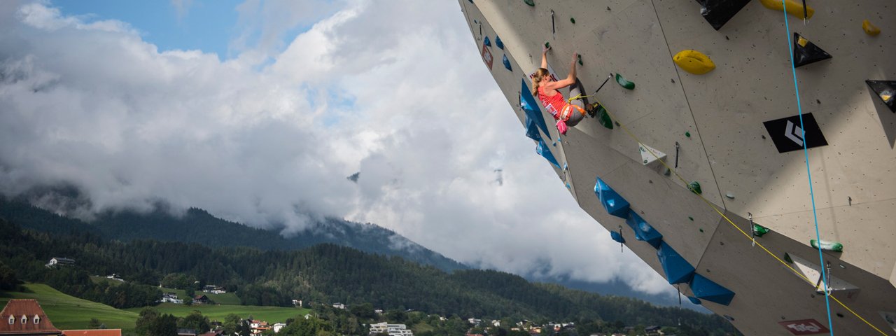 The 2018 IFSC Climbing World Championships will take place in the new Innsbruck Climbing Center. The photo shows action from the 2017 Youth Climbing World Championships, © KVÖ/Stefan Voitl