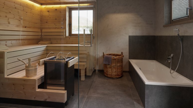 Bathroom with sauna in the Chalets Grosslehen, © Toni Niederwieser