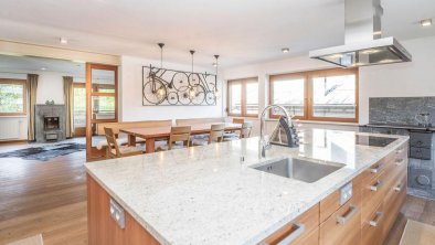 Kitchen island with a view of the dining area.