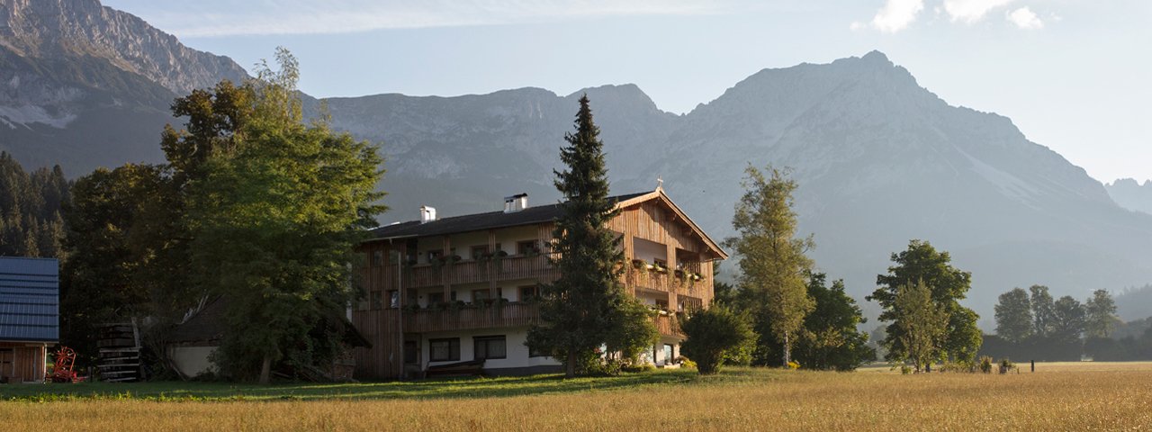 The Lindenhof is surrounded by fields and meadows giving way to jagged mountain peaks., © Tirol Werbung/Lisa Hörterer