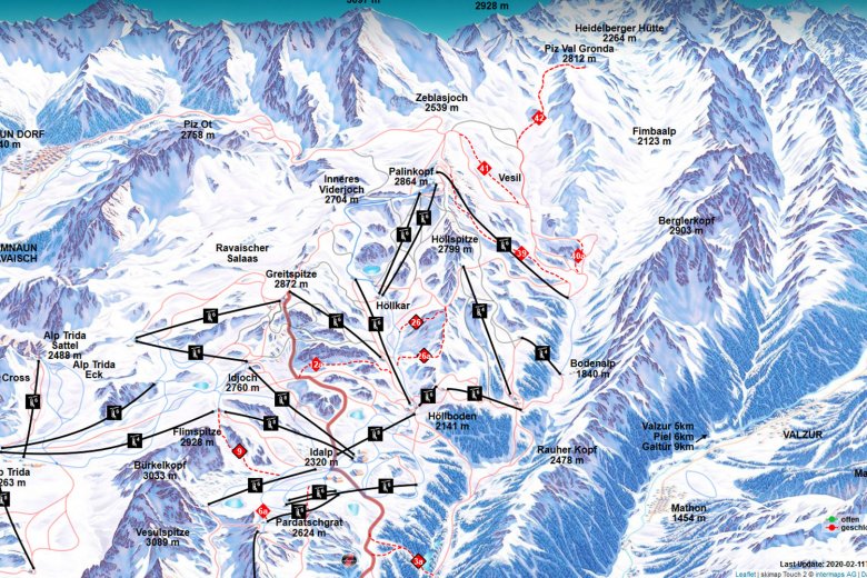 Ski route 39 can be accessed using the Gampenbahn chairlift and leads from Palinkopf down to Fimba (screenshot from&nbsp;interative piste map)
, © Ischgl